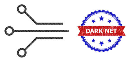 Low-poly circuit contacts polygonal 2d illustration, and grunge bicolor rosette seal, in red and blue colors. Collage circuit contacts is formed of scattered colored triangles.のイラスト素材