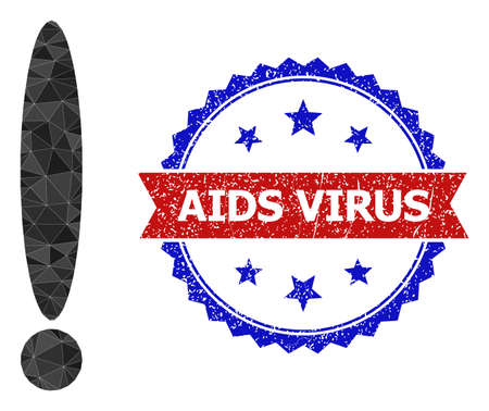 Lowpoly exclamation sign polygonal 2d illustration, and grunge bicolor rosette stamp imprint, in red and blue colors. Mosaic exclamation sign is composed of randomized colored triangles.のイラスト素材