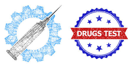 Mesh net vaccine industry carcass icon, and bicolor grunge Drugs Test seal. Flat model created from vaccine industry icon and crossed lines. Vector seal with distress bicolored style,のイラスト素材