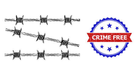 Mesh net barbed wire fence frame illustration, and bicolor unclean Crime Free watermark. Flat mesh created from barbed wire fence pictogram and crossed lines.のイラスト素材