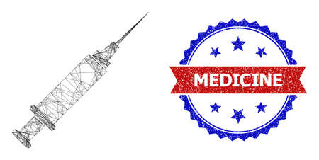 Net mesh syringe wireframe illustration, and bicolor grunge Medicine watermark. Flat structure created from syringe symbol and crossed lines. Vector watermark with retro bicolored style,のイラスト素材