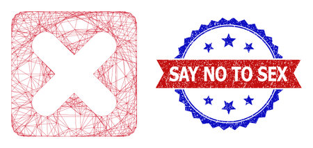 Mesh net close button framework illustration, and bicolor grunge Say No to Sex watermark. Flat mesh created from close button pictogram and intersected lines.のイラスト素材
