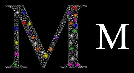 Bright net Mu Greek letter constellation icon with lightspots. Illuminated vector constellation based on Mu Greek letter icon. Sparkle frame polygonal Mu Greek letter on a black background.のイラスト素材