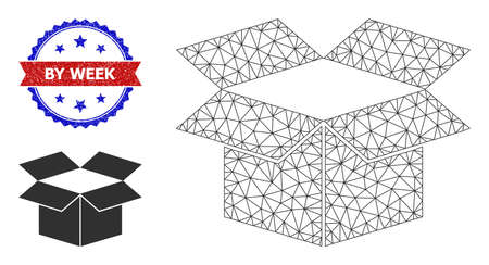 Net carton box frame illustration, and bicolor unclean By Week seal. Mesh carcass illustration designed with carton box icon. Vector seal with By Week title inside red ribbon and blue rosette,のイラスト素材