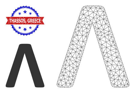 Mesh Lambda Greek letter framework illustration, and bicolor grunge Thassos, Greece stamp. Mesh carcass illustration is created from Lambda Greek letter pictogram. Vector seal with Thassos,のイラスト素材