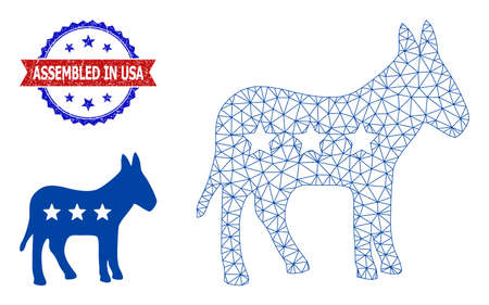 Mesh american donkey carcass illustration, and bicolor rubber Assembled in USA stamp. Polygonal carcass illustration designed with american donkey icon.のイラスト素材