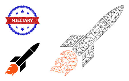 Triangular missile carcass illustration, and bicolor textured Military seal. Polygonal carcass illustration is designed with missile pictogram.のイラスト素材
