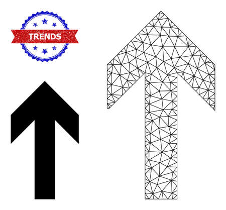 Triangular up direction carcass icon, and bicolor scratched Trends watermark. Mesh carcass symbol based on up direction icon. Vector watermark with Trends tag inside red ribbon and blue rosette,のイラスト素材