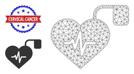 Polygonal pulse pacemaker model illustration, and bicolor grunge Cervical Cancer watermark. Polygonal carcass image based on pulse pacemaker icon.のイラスト素材