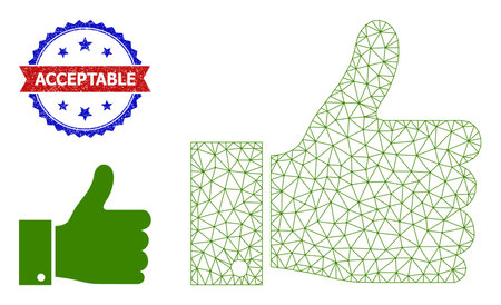 Net thumb up wireframe illustration, and bicolor scratched Acceptable seal. Polygonal wireframe image designed with thumb up pictogram.のイラスト素材