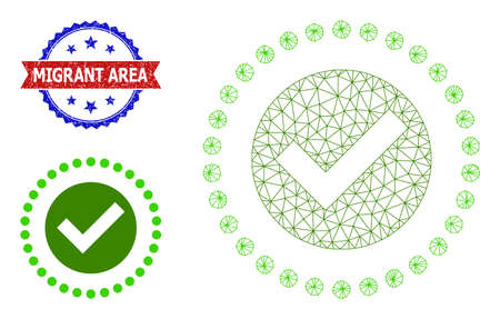Polygonal true area wireframe icon, and bicolor rubber Migrant Area stamp. Mesh wireframe illustration created from true area icon.のイラスト素材