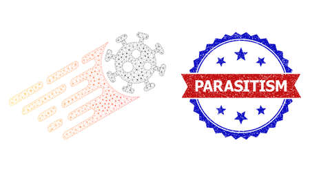 Parasitism scratched seal, and rush virus icon mesh structure. Red and blue bicolored stamp seal has Parasitism text inside ribbon and rosette. Abstract 2d mesh rush virus, built from flat mesh.のイラスト素材