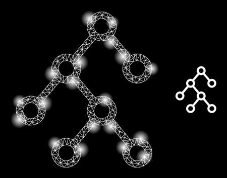 Bright network binary tree web icon with illuminated spots. Illuminated constellation generated from binary tree vector icon. Illuminated carcass web polygonal binary tree, on a black background.のイラスト素材