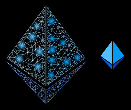 Constellation mesh crystal web icon with bright spots. Illuminated constellation is generated from crystal vector icon. Illuminated frame web polygonal crystal, on a black background.のイラスト素材