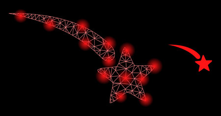 Bright mesh falling star web icon with illuminated spots. Illuminated model is done using falling star vector icon. Illuminated frame web polygonal falling star, on a black background.のイラスト素材