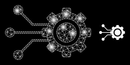 Constellation net gear connectors web icon with sparkle spots. Illuminated constellation created from gear connectors vector icon. Sparkle frame web polygonal gear connectors, on a black background.のイラスト素材