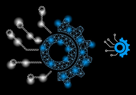 Shiny net gear electronic factory web icon with flare spots. Illuminated model done from gear electronic factory vector icon. Flare carcass web polygonal gear electronic factory,のイラスト素材