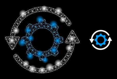Constellation net gear rotation web icon with illuminated spots. Illuminated constellation is generated from gear rotation vector icon. Glossy carcass web polygonal gear rotation,のイラスト素材