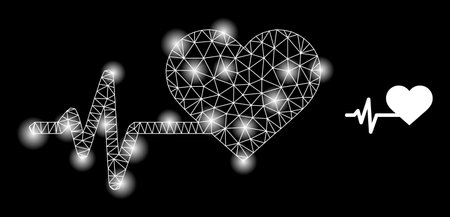 Bright net heart pulse web icon with bright light spots. Illuminated model is created from heart pulse vector icon. Bright carcass web polygonal heart pulse, on a black background.のイラスト素材