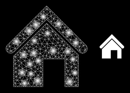 Constellation mesh home web icon with majestic light spots. Illuminated constellation generated from home vector icon. Illuminated frame web polygonal home, on a black background.のイラスト素材