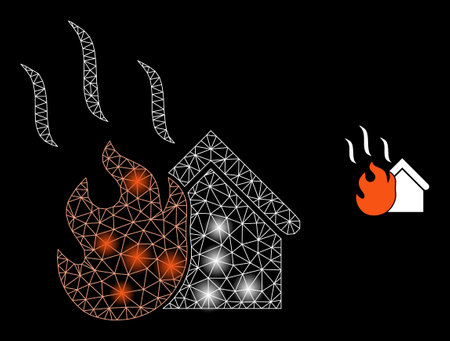 Shiny network house fire web icon with illuminated light spots. Illuminated model is created using house fire vector icon. Bright frame web polygonal house fire, on a black background.のイラスト素材