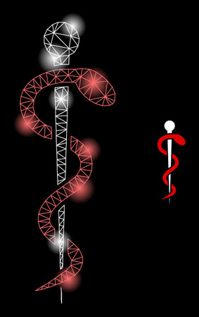 Shiny network medical snake web icon with majestic spots. Illuminated constellation is generated from medical snake vector icon. Illuminated carcass web polygonal medical snake, on a black background.のイラスト素材
