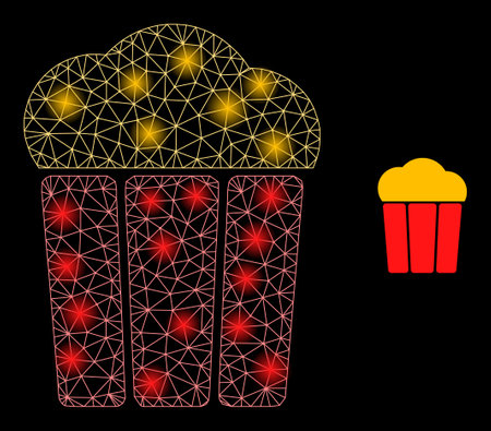 Glare network popcorn bucket web icon with flare light spots. The illuminated model is generated using popcorn bucket vector icon. Illuminated frame web polygonal popcorn bucket, on a black background.のイラスト素材
