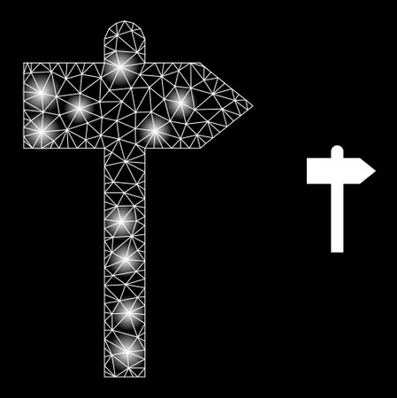 Constellation network road pointer web icon with glossy light spots. Illuminated constellation is created from road pointer vector icon. Glossy carcass web polygonal road pointer,のイラスト素材