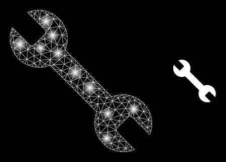 Glare mesh spanner web icon with bright light spots. Illuminated constellation done from spanner vector icon. Bright frame web polygonal spanner, on a black background.のイラスト素材