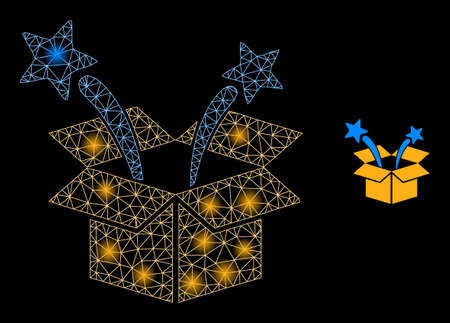 Glare mesh surprize box web icon with illuminated spots. Illuminated constellation created from surprize box vector icon. Constellation frame web polygonal surprize box, on a black background.のイラスト素材