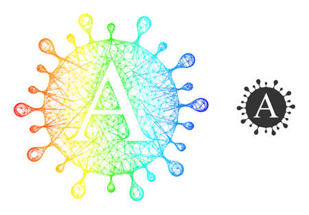 Net mesh Alpha coronavirus wireframe icon with rainbow gradient. Colored frame net Alpha coronavirus icon. Flat framework created from Alpha coronavirus icon and crossing lines.のイラスト素材