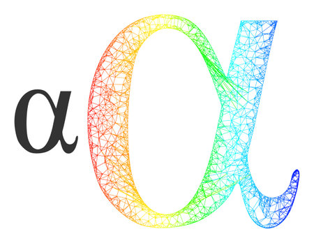 Network Alpha Greek lowercase letter wireframe icon with spectral gradient. Colored carcass network Alpha Greek lowercase letter icon.のイラスト素材