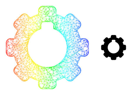 Mesh net cogwheel carcass illustration with spectrum gradient. Bright frame net cogwheel icon. Flat frame created from cogwheel symbol and intersected lines.のイラスト素材