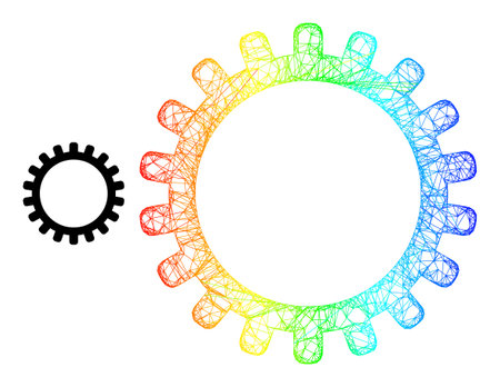 Network cog frame icon with rainbow gradient. Vibrant frame mesh cog icon. Flat mesh created from cog icon and crossed lines.のイラスト素材