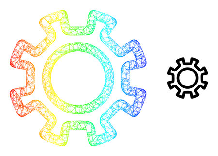 Net mesh contour gear carcass illustration with rainbow gradient. Bright carcass net contour gear icon. Flat carcass created from contour gear icon and crossing lines.のイラスト素材
