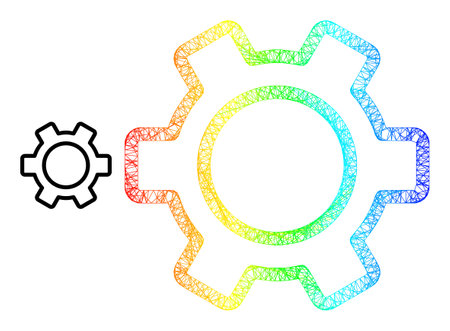 Crossing mesh contour gear frame icon with rainbow gradient. Colored carcass mesh contour gear icon. Flat carcass created from contour gear icon and crossing lines.のイラスト素材