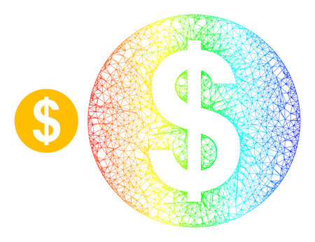 Net mesh dollar coin frame illustration with rainbow gradient. Bright carcass mesh dollar coin icon. Flat carcass created from dollar coin icon and crossed lines.のイラスト素材