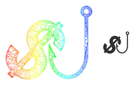 Mesh net dollar fishing carcass icon with spectrum gradient. Colored carcass net dollar fishing icon. Flat frame created from dollar fishing pictogram and crossed lines.のイラスト素材