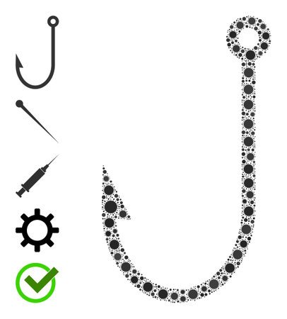 Fish hook mosaic icon. Vector collage constructed of randomized contagious icons. Covid mosaic fish hook icon and bonus icons. Fish hook collage for pandemic templates.のイラスト素材