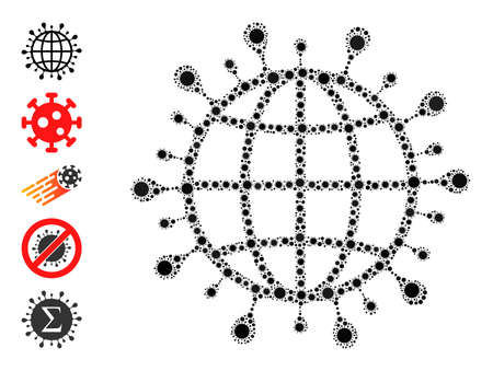 Global coronavirus mosaic icon. Vector mosaic is created with random Covid-2019 elements. Virus cell mosaic global coronavirus icon, and bonus icons. Global coronavirus mosaic for pandemic images.のイラスト素材