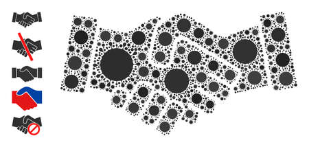 Handshake mosaic icon. Vector mosaic is created of random bacterium parts. Covid-2019 mosaic handshake icon and additional icons. Handshake mosaic for epidemic images.のイラスト素材