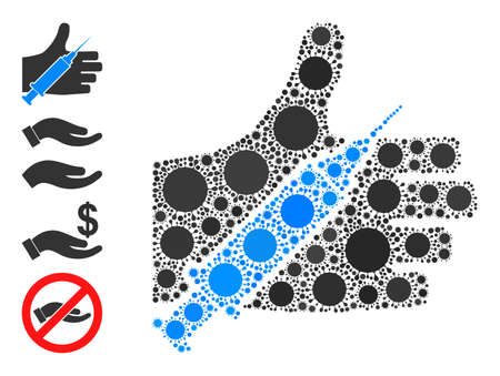 Vaccine offer hand mosaic icon. Vector mosaic is organized of random Covid-2019 items. Virulent mosaic vaccine offer hand icon and bonus icons. Vaccine offer hand mosaic for isolation templates.のイラスト素材
