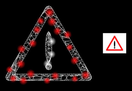 Shiny crossing mesh danger icon with bright spots. Illuminated constellation is done from danger vector icon and crossed lines. Bright frame danger, on a black background.のイラスト素材