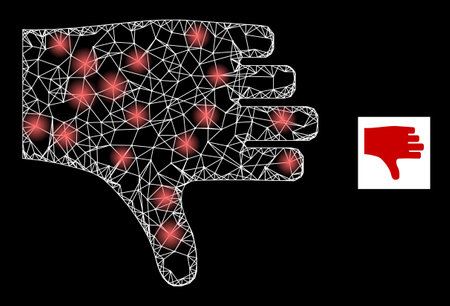 Constellation mesh net thumb down icon with glossy spots. Illuminated constellation is created from thumb down vector icon and crossing lines. Glossy carcass thumb down, on a black background.のイラスト素材