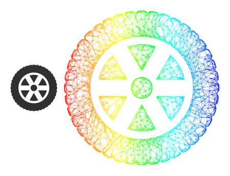 Mesh net tire wheel frame icon with rainbow gradient. Colored frame net tire wheel icon. Flat frame created from tire wheel symbol and crossed lines.のイラスト素材