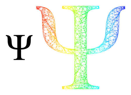 Net mesh Psi Greek letter framework icon with spectrum gradient. Vibrant carcass network Psi Greek letter icon. Flat mesh created from Psi Greek letter icon and crossed lines.のイラスト素材
