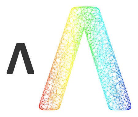 Mesh net Lambda Greek letter model icon with spectral gradient. Colored carcass net Lambda Greek letter icon. Flat carcass created from Lambda Greek letter icon and intersected lines.のイラスト素材
