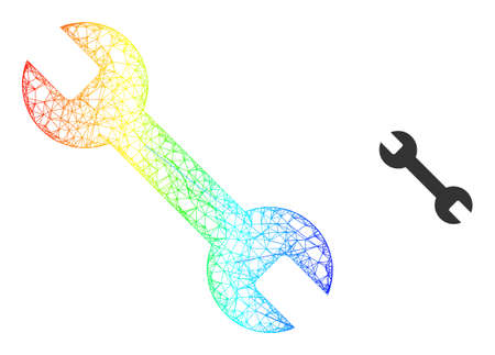 Net mesh spanner wireframe icon with spectral gradient. Vibrant carcass net spanner icon. Flat mesh created from spanner pictogram and intersected lines.のイラスト素材