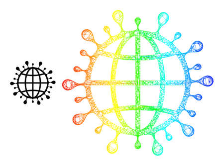 Net mesh global coronavirus frame icon with spectrum gradient. Colorful frame mesh global coronavirus icon. Flat mesh created from global coronavirus icon and crossed lines.のイラスト素材