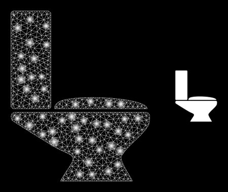 Toilet icon and bright net mesh toilet structure with sparkle spots. Illuminated constellation generated from toilet vector icon and polygonal mesh. Bright carcass toilet, on a black background.のイラスト素材